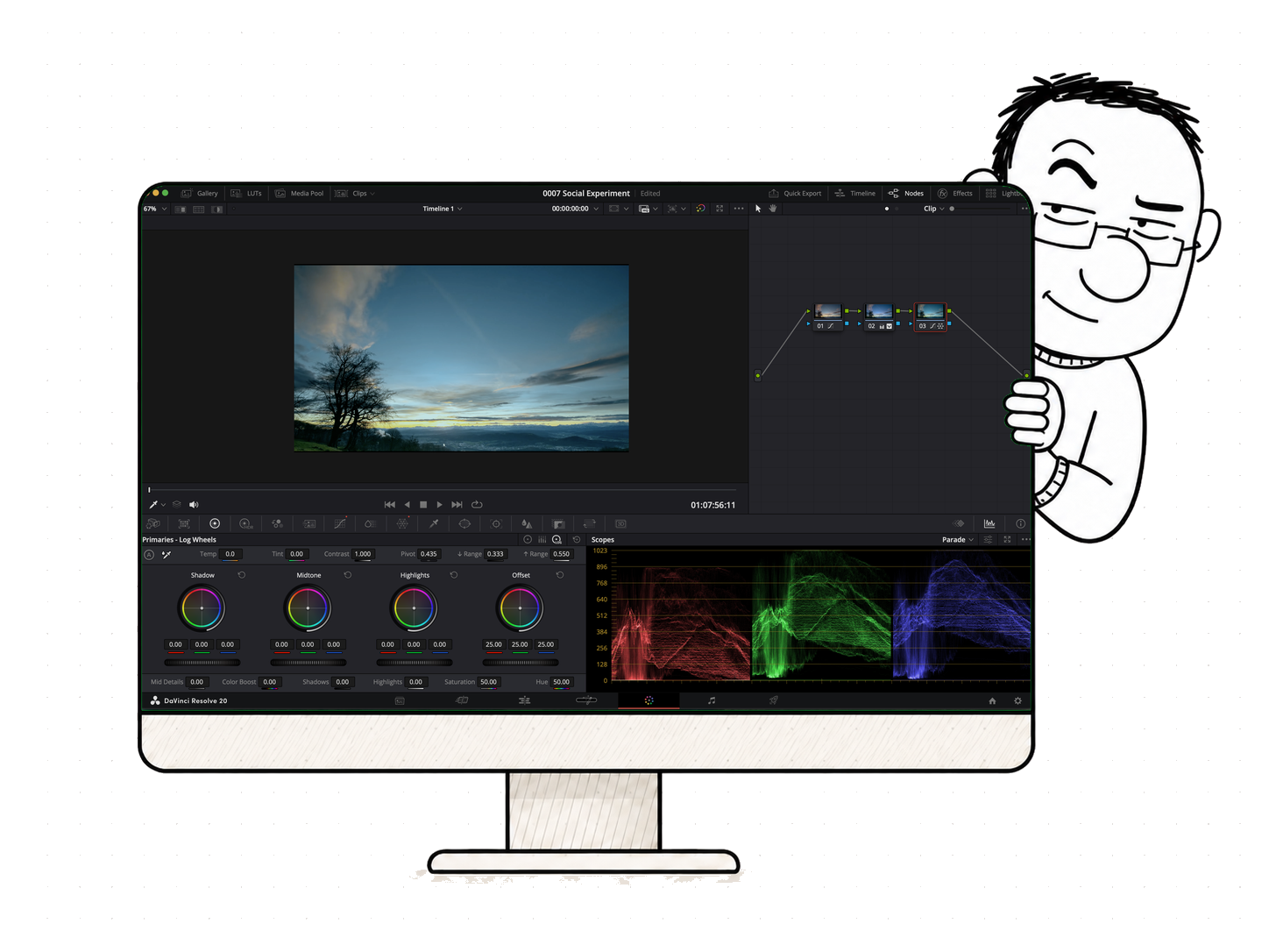 DaVinci Resolve running on a hand-drawn monitor with Uncle peeking from behind it