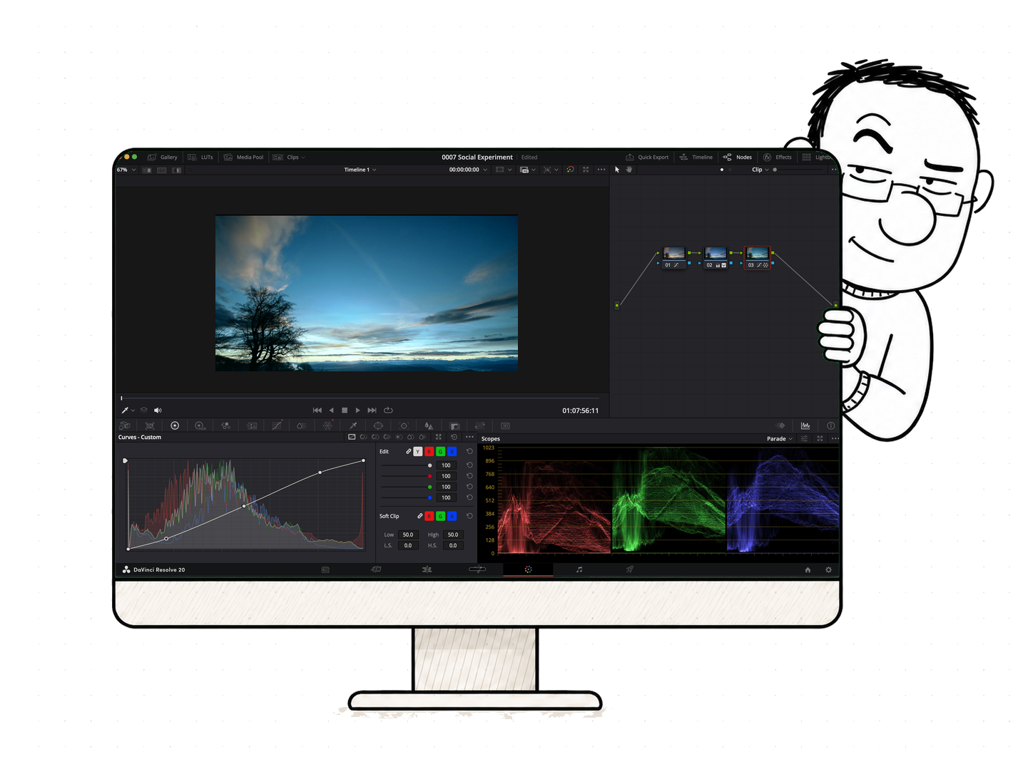 Final color-graded shot of the DaVinci Resolve demo inside the hand-drawn monitor